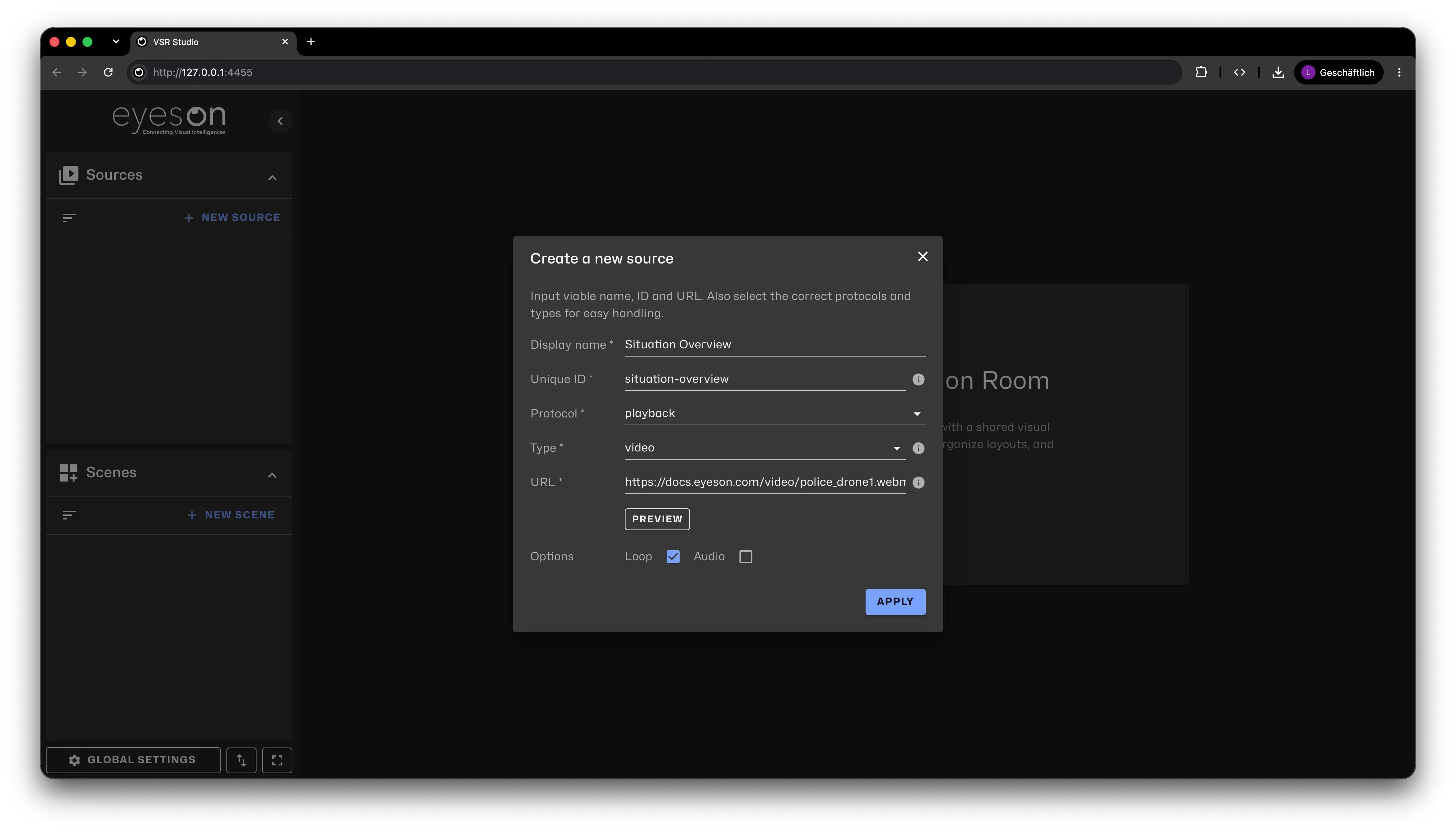 Completed playback source form for Situation Overview