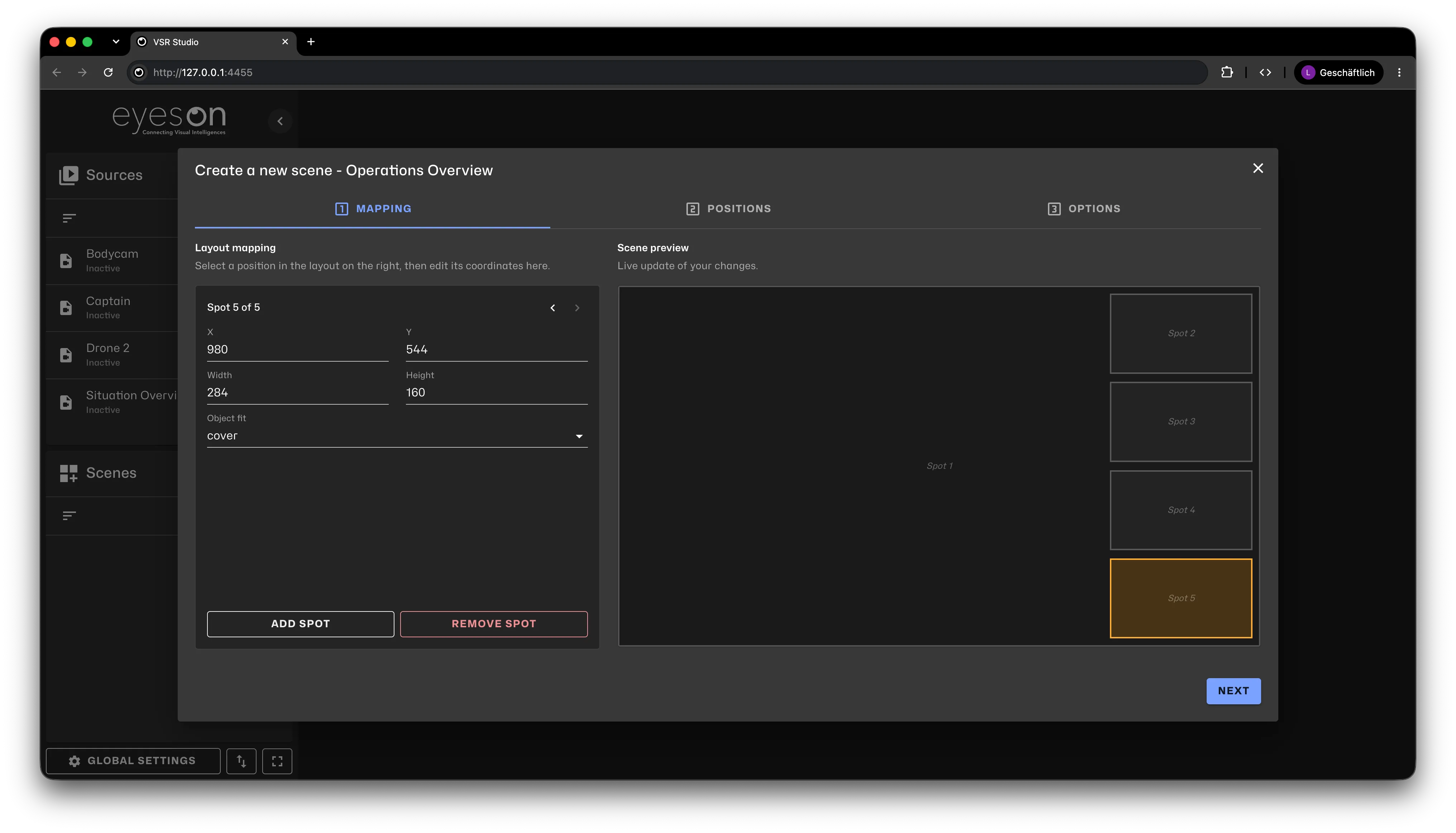Full-width layout and four overlay spots configured on the Mapping tab