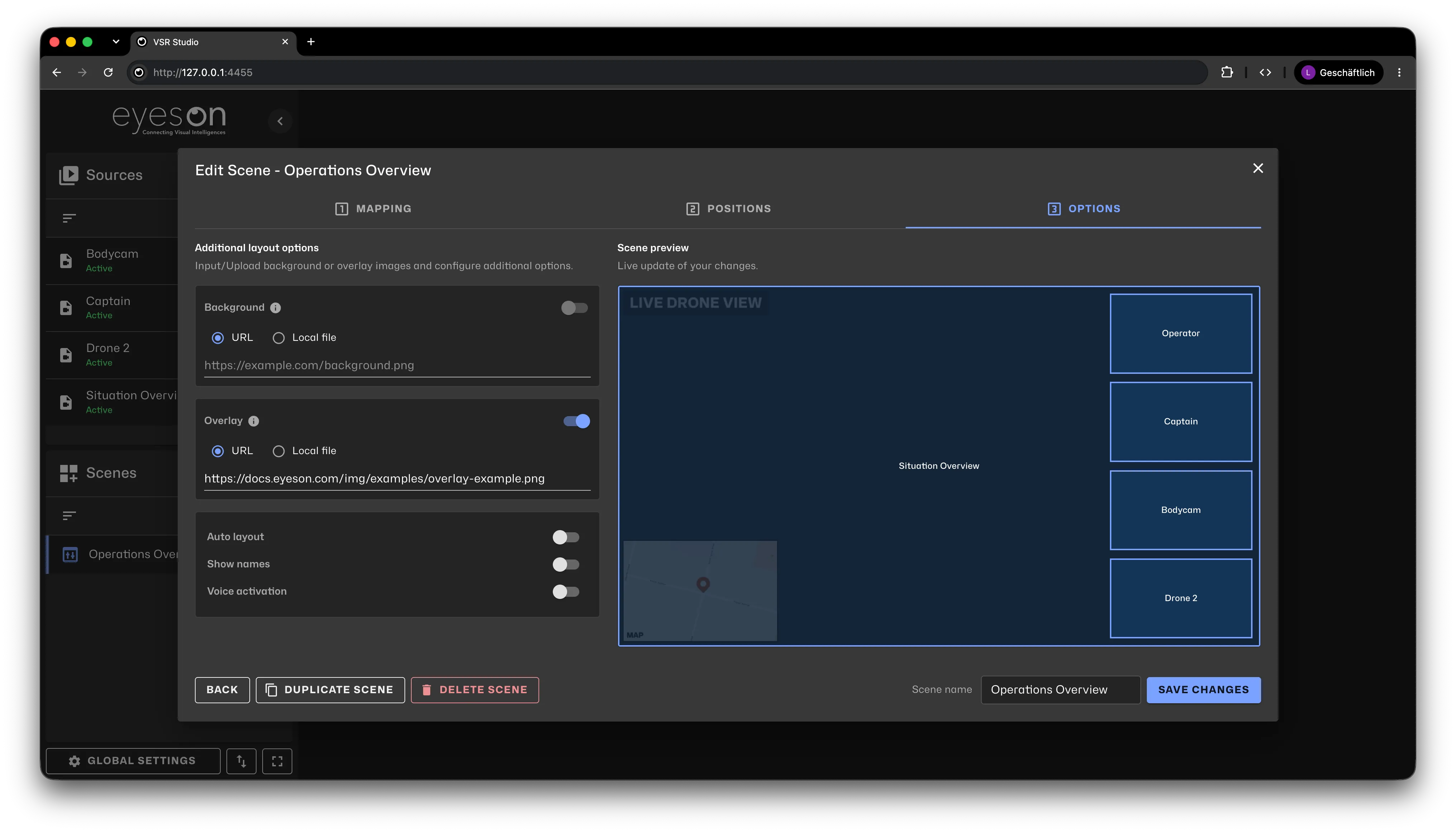 Transparent title and map overlay configured on the VSR Studio Layers tab